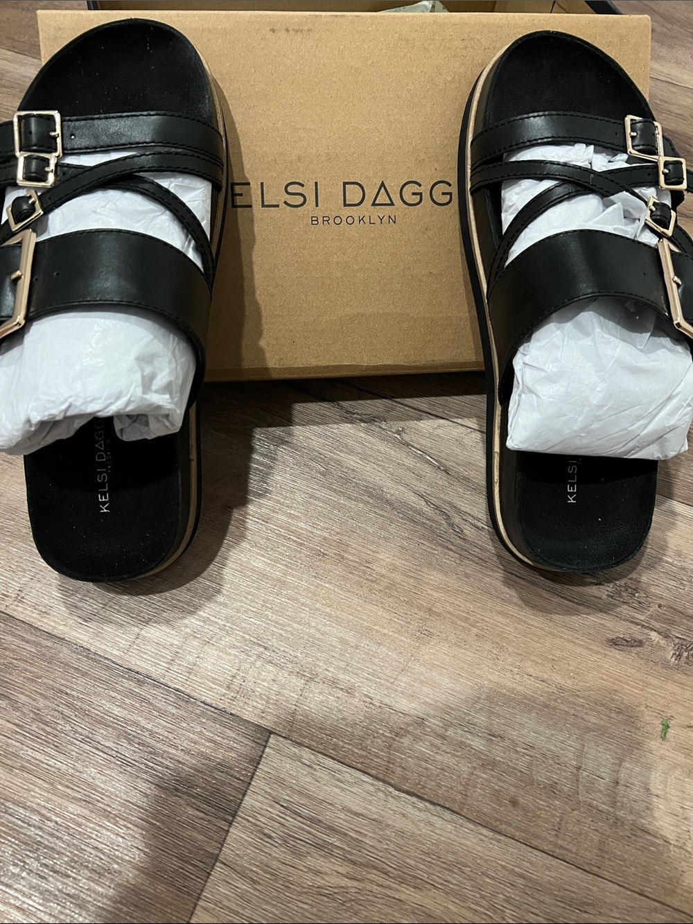 Kelsi Dagger Black Double-Buckle Slide Mules